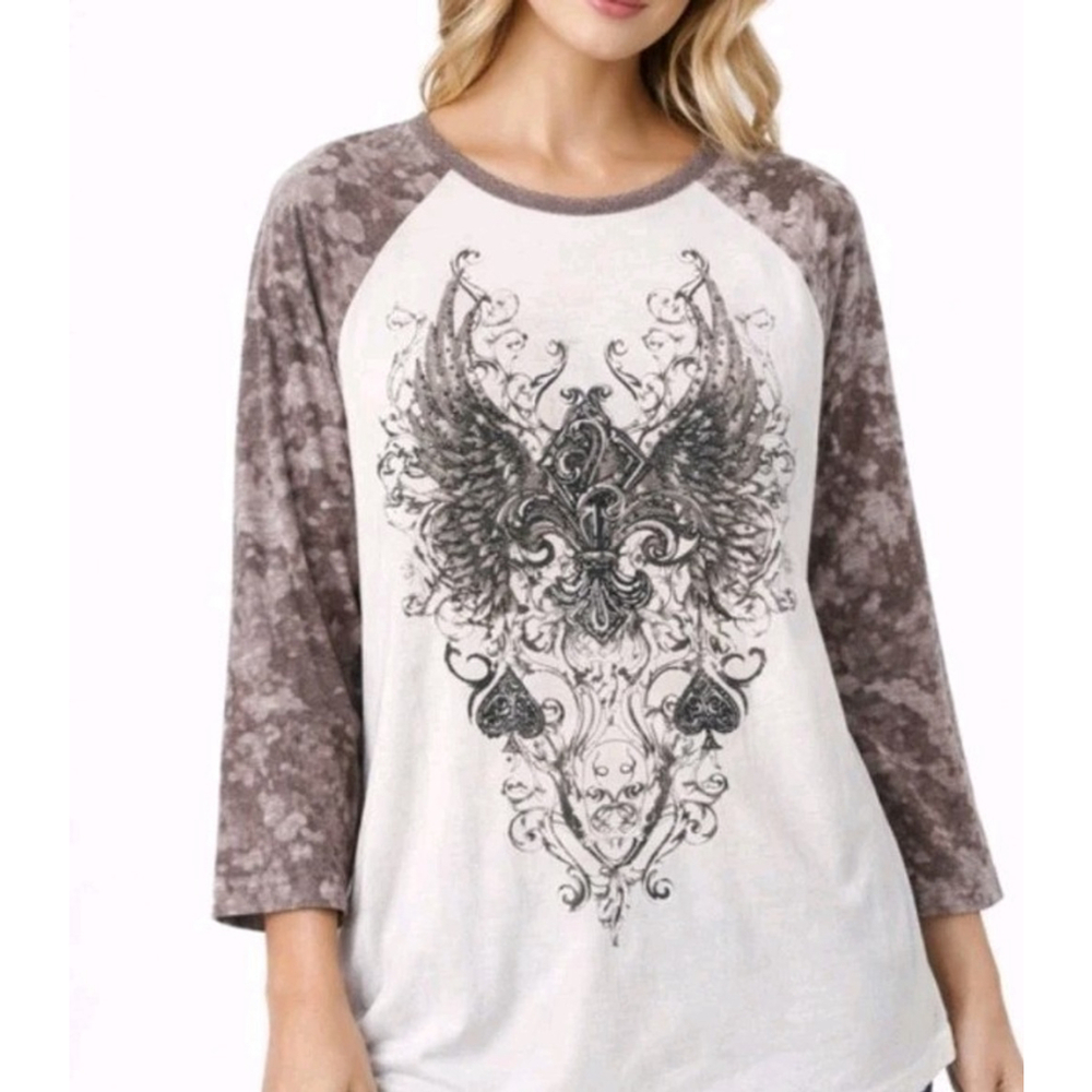 Western, Cowgirl, Fleur De Lis, Wings Graphic, Raglan Tee, Boutique Style, XL